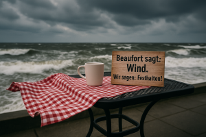 Ki generiertes Bild einer wehenden Tischdecke am Meer für einen Beitrag zu Beaufort von Huus Marie