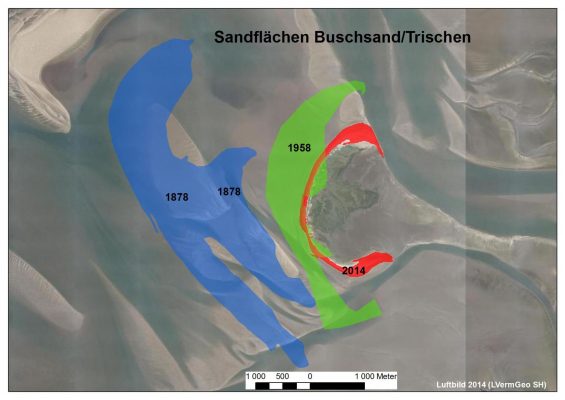 Eine Abbildung veranschaulicht die langfristige Entwicklung des Sandes von Trischen.