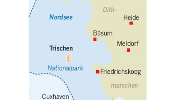 Ein Kartenausschnitt zeigt die Lage der Insel Trischen