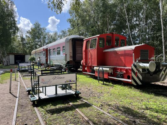 Alte Lok und Waggon bilden die szenische Endstation der Draisinentrasse zwischen Marne und St. Michaelisdonn in Dithmarschen